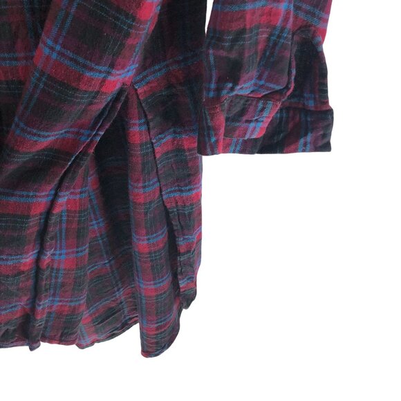 Fashion Nova Womens Flannel Shirt Dress Tunic High Slit Plaid Red Black Blue M - Picture 2 of 5